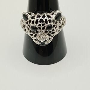 Designer KN Black Onyx and Diamond Lepard Sterling Silver Ring size 10